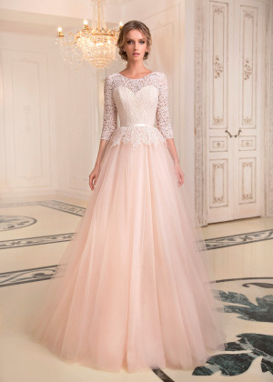 Peach Pink Lace Tulle Peplum Chic Wedding Dress